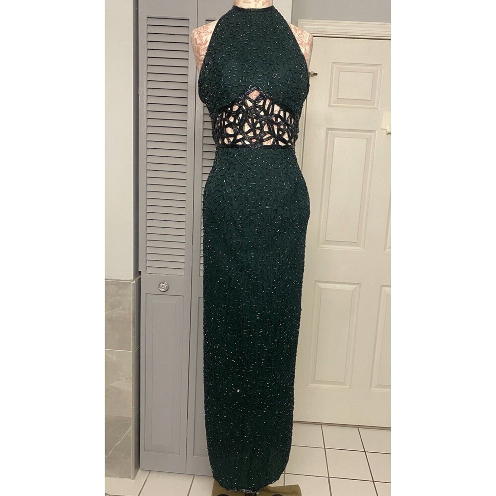 Vintage Scala Silk Embellished Gown Maxi Dress Sz XS Green Event Eveningwear Y2K